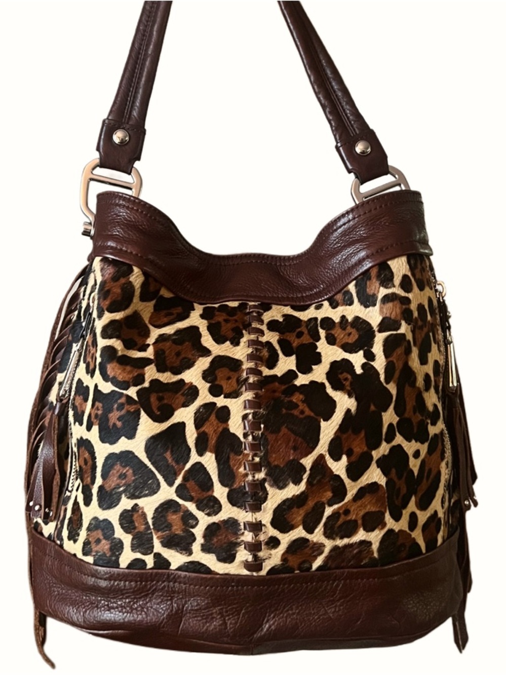 B Makowsky Vintage Cow Hair Print & Brown Leather-Trim Hobo Shoulder Bag